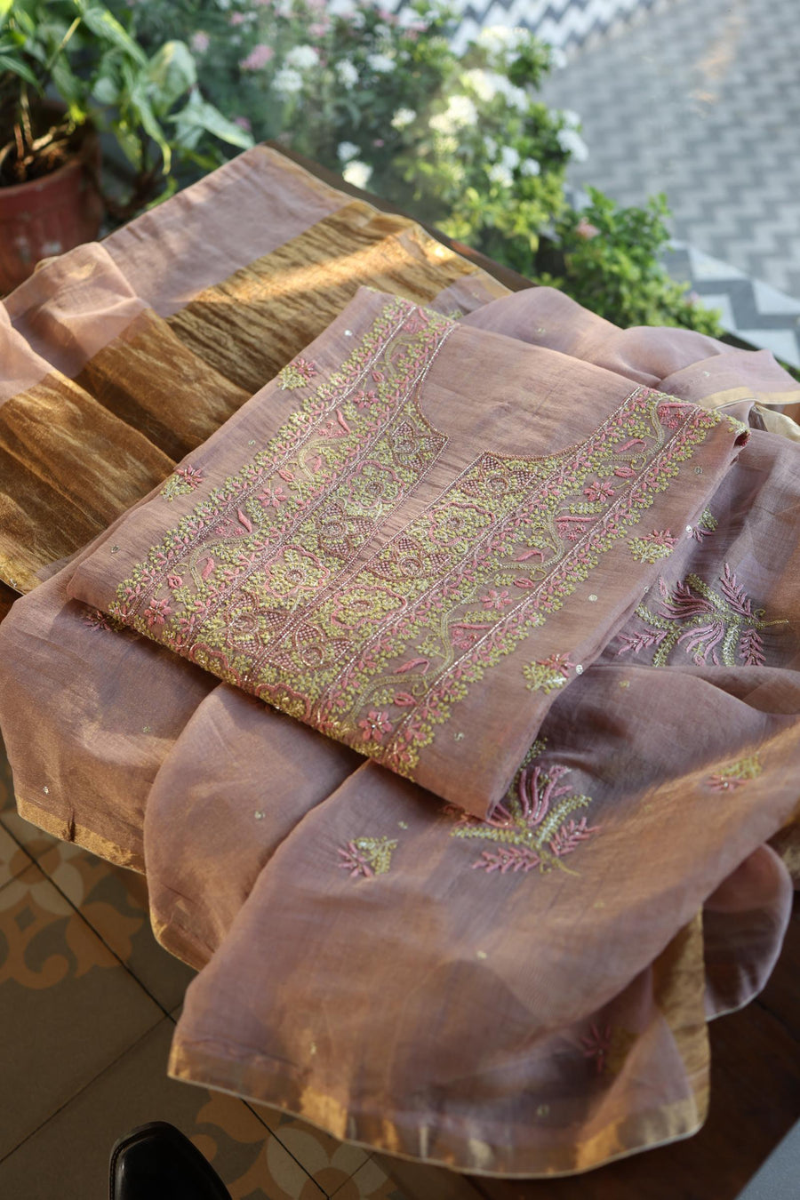 Rose Pink Roheen Tissue Silk Chikankari Unstitched Fabric
