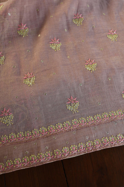 Rose Pink Roheen Tissue Silk Chikankari Unstitched Fabric