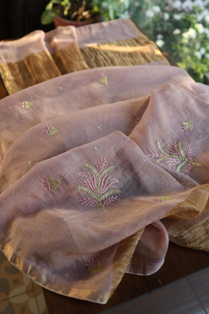 Rose Pink Roheen Tissue Silk Chikankari Unstitched Fabric