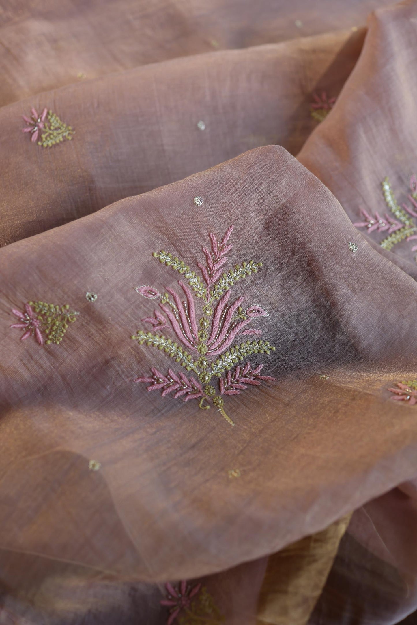 Rose Pink Roheen Tissue Silk Chikankari Unstitched Fabric