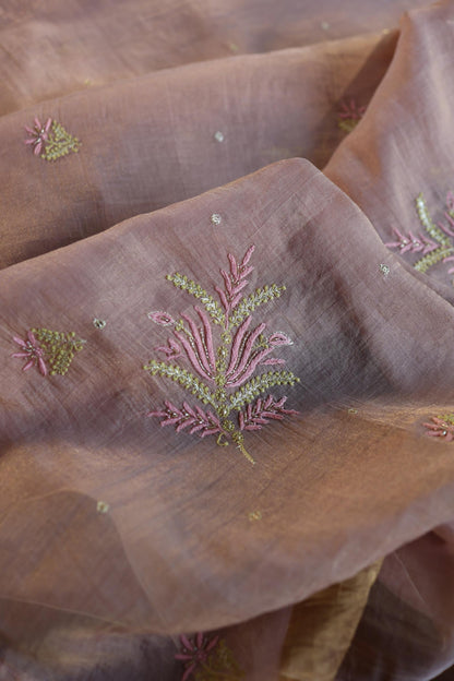 Rose Pink Roheen Tissue Silk Chikankari Unstitched Fabric
