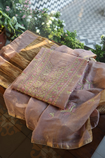 Rose Pink Roheen Tissue Silk Chikankari Unstitched Fabric