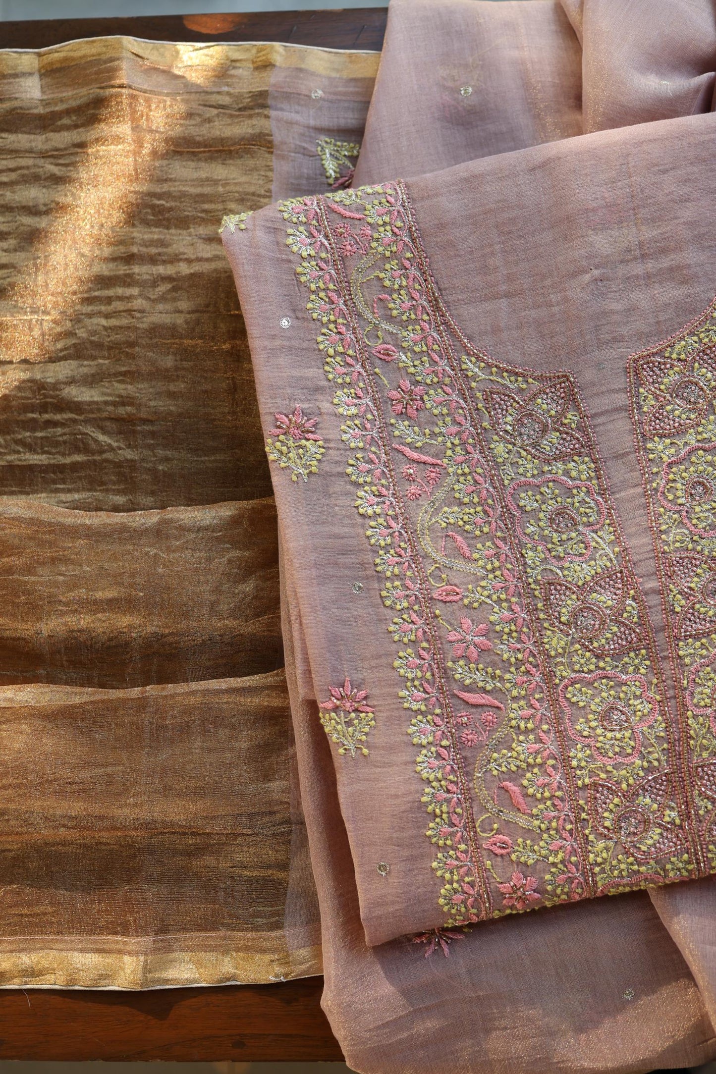 Rose Pink Roheen Tissue Silk Chikankari Unstitched Fabric