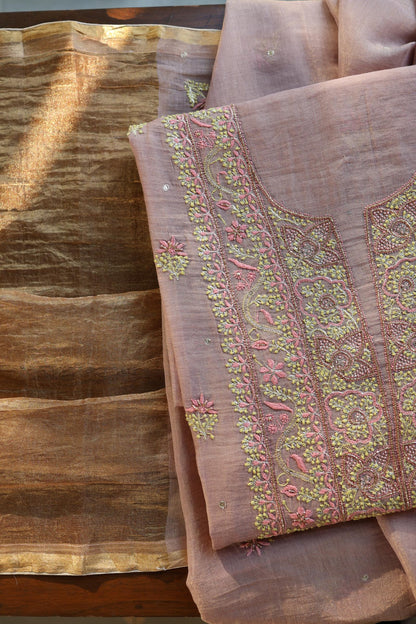 Rose Pink Roheen Tissue Silk Chikankari Unstitched Fabric