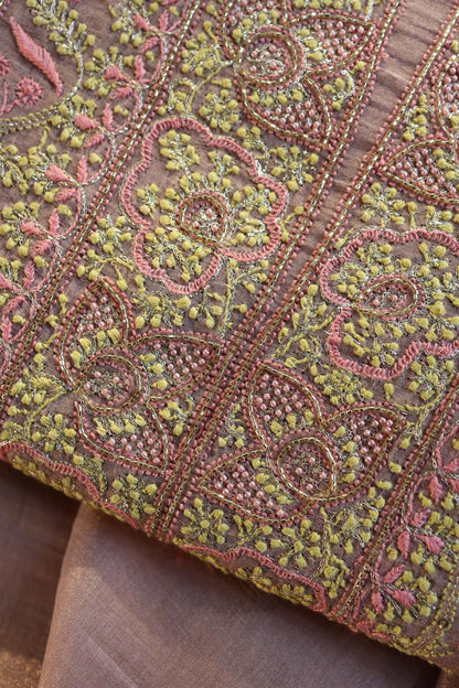 Rose Pink Roheen Tissue Silk Chikankari Unstitched Fabric