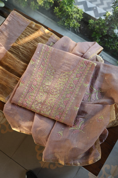 Rose Pink Roheen Tissue Silk Chikankari Unstitched Fabric