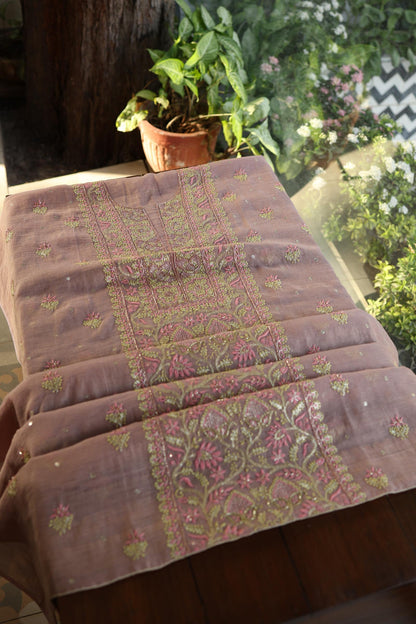 Rose Pink Roheen Tissue Silk Chikankari Unstitched Fabric