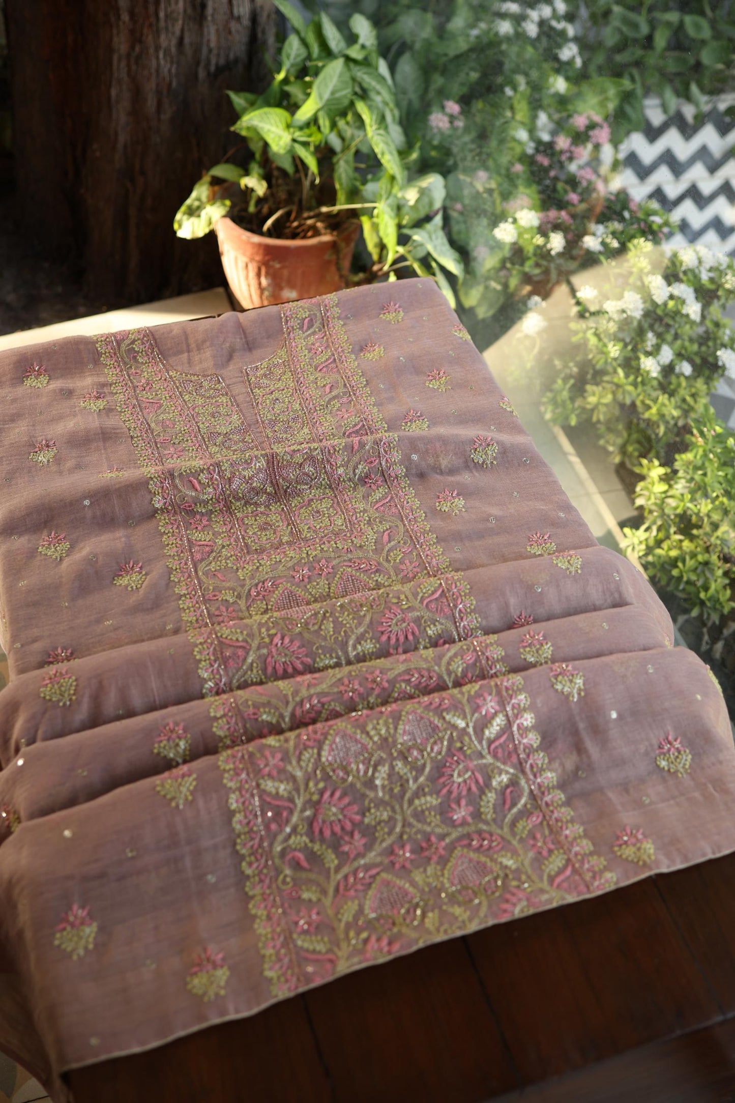 Rose Pink Roheen Tissue Silk Chikankari Unstitched Fabric