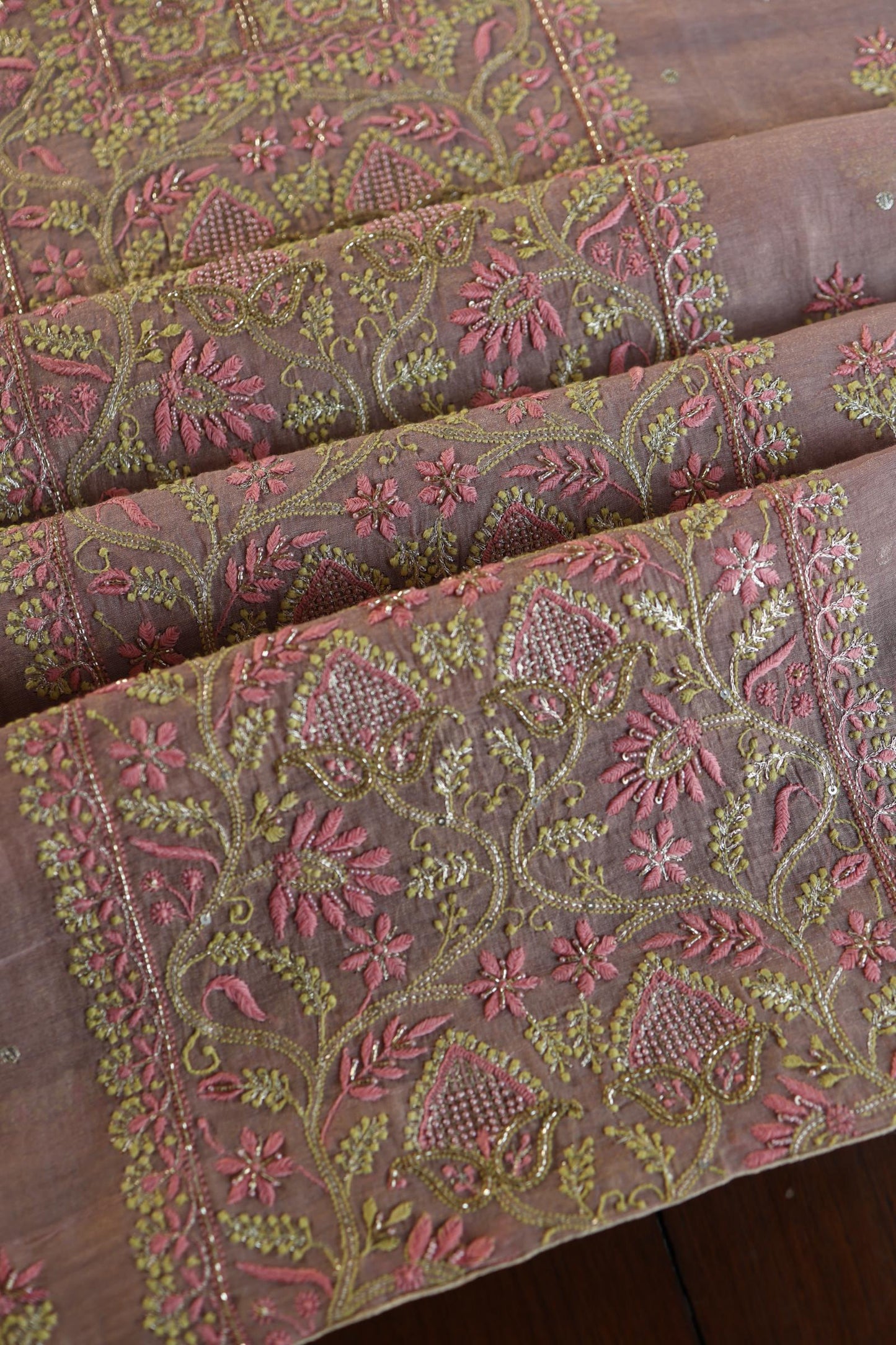 Rose Pink Roheen Tissue Silk Chikankari Unstitched Fabric