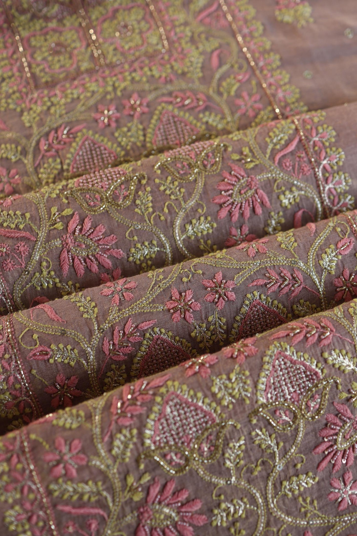 Rose Pink Roheen Tissue Silk Chikankari Unstitched Fabric