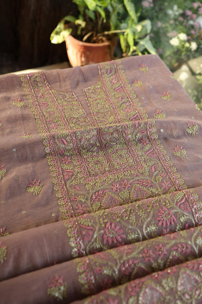Rose Pink Roheen Tissue Silk Chikankari Unstitched Fabric