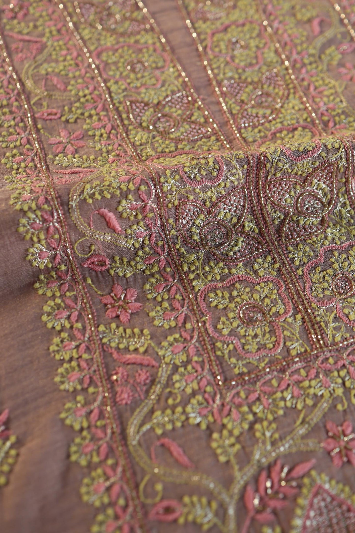 Rose Pink Roheen Tissue Silk Chikankari Unstitched Fabric