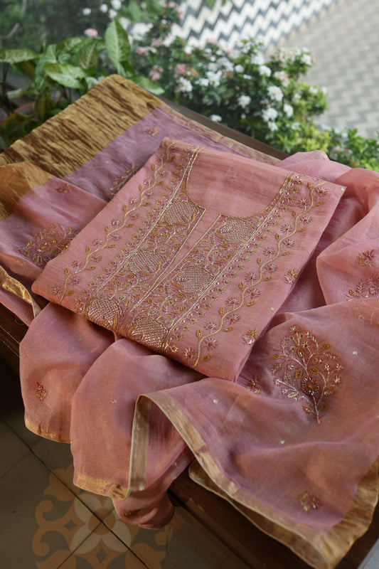 Rose Pink Shade Roheen Tissue Silk Chikankari Unstitched Fabric