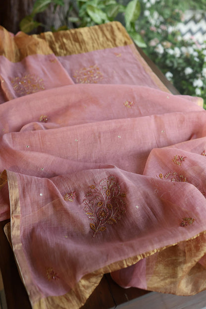 Rose Pink Shade Roheen Tissue Silk Chikankari Unstitched Fabric