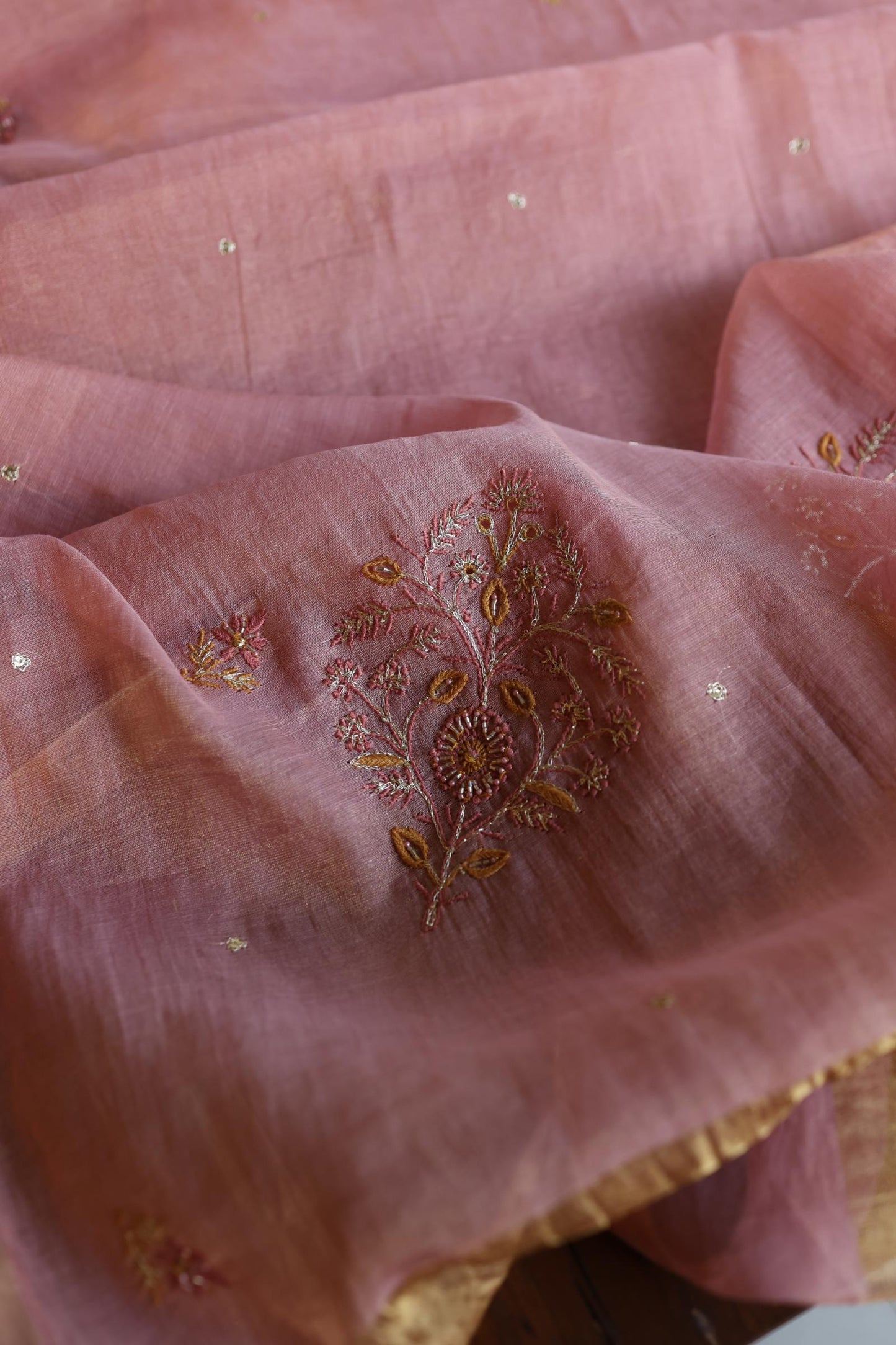 Rose Pink Shade Roheen Tissue Silk Chikankari Unstitched Fabric