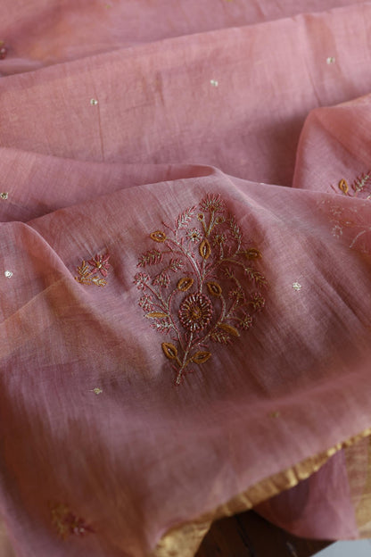 Rose Pink Shade Roheen Tissue Silk Chikankari Unstitched Fabric