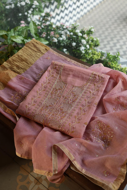Rose Pink Shade Roheen Tissue Silk Chikankari Unstitched Fabric