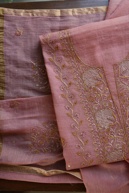 Rose Pink Shade Roheen Tissue Silk Chikankari Unstitched Fabric