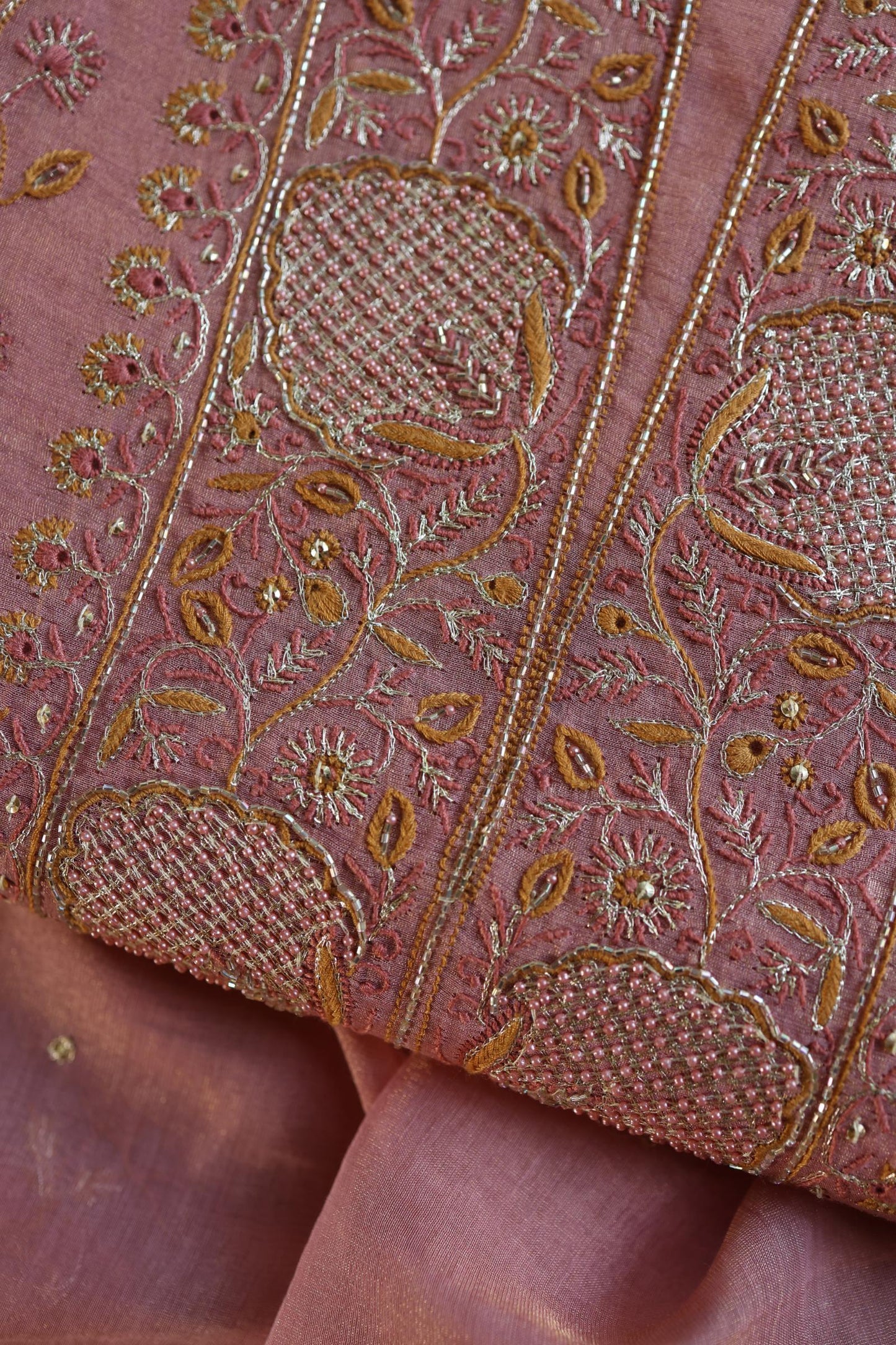 Rose Pink Shade Roheen Tissue Silk Chikankari Unstitched Fabric