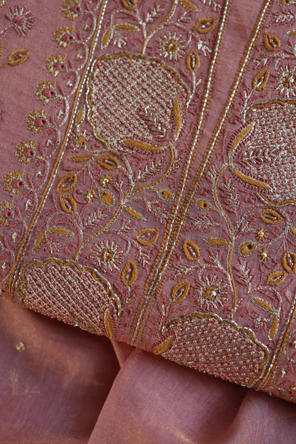Rose Pink Shade Roheen Tissue Silk Chikankari Unstitched Fabric