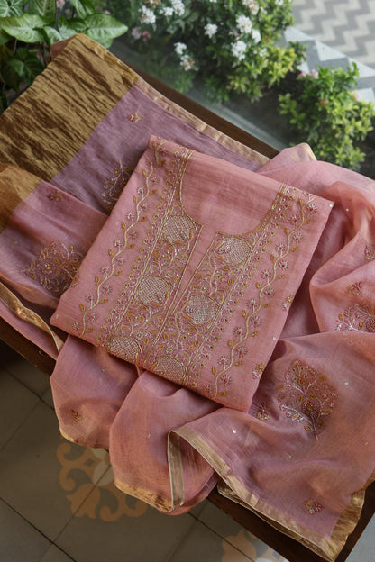 Rose Pink Shade Roheen Tissue Silk Chikankari Unstitched Fabric