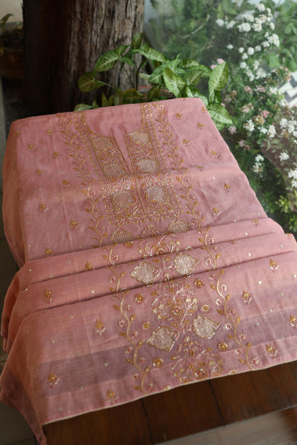 Rose Pink Shade Roheen Tissue Silk Chikankari Unstitched Fabric