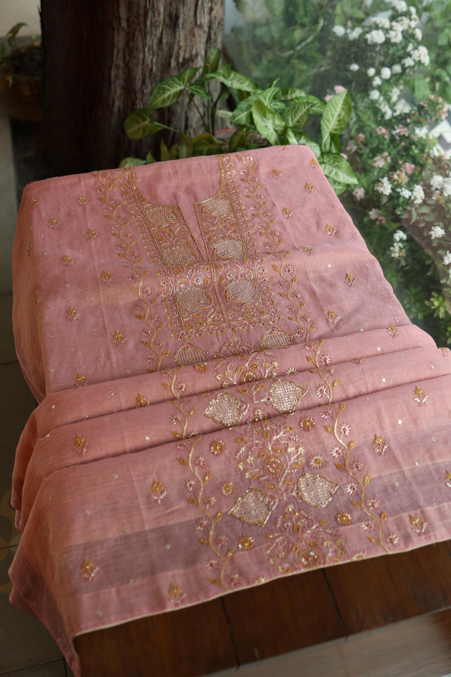 Rose Pink Shade Roheen Tissue Silk Chikankari Unstitched Fabric