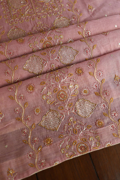 Rose Pink Shade Roheen Tissue Silk Chikankari Unstitched Fabric