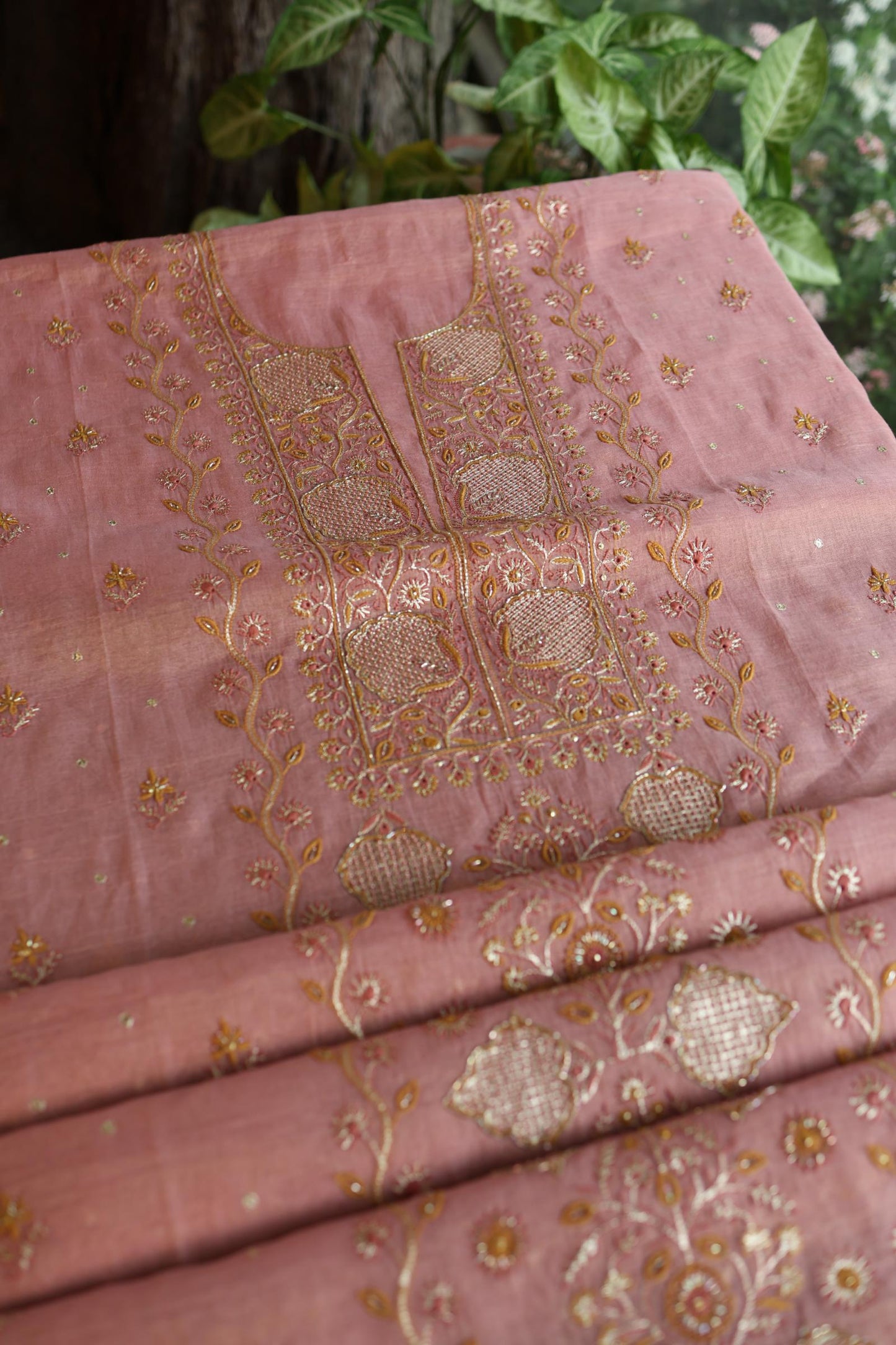 Rose Pink Shade Roheen Tissue Silk Chikankari Unstitched Fabric
