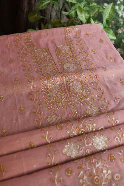 Rose Pink Shade Roheen Tissue Silk Chikankari Unstitched Fabric