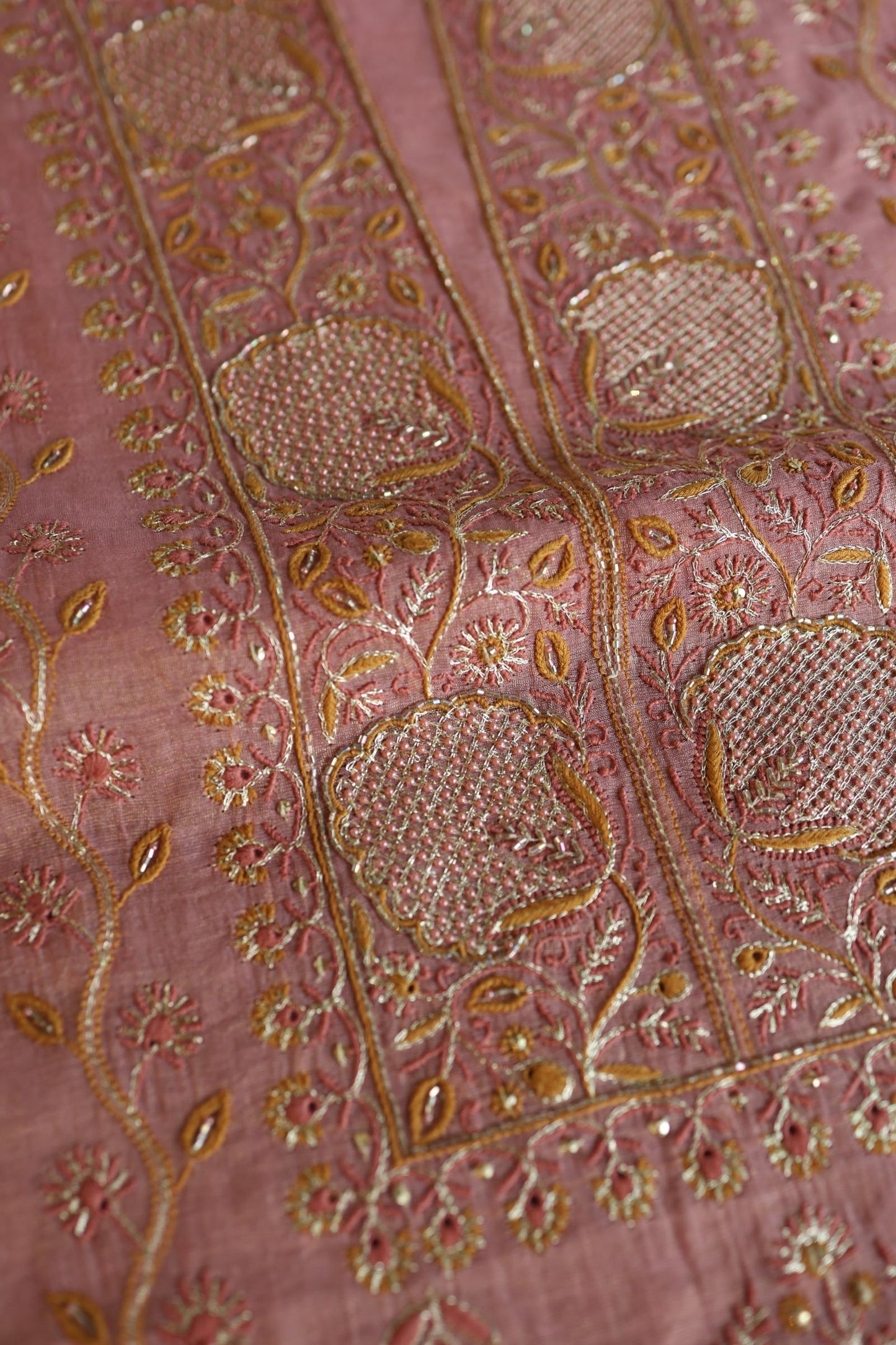 Rose Pink Shade Roheen Tissue Silk Chikankari Unstitched Fabric