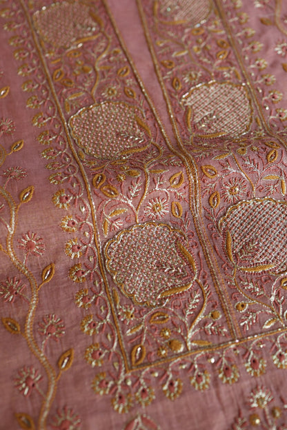 Rose Pink Shade Roheen Tissue Silk Chikankari Unstitched Fabric
