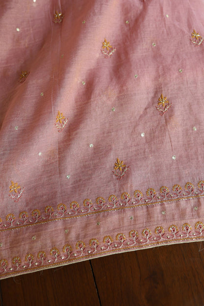 Rose Pink Shade Roheen Tissue Silk Chikankari Unstitched Fabric