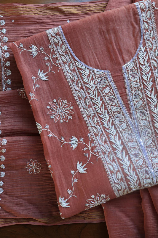 Rose Taupe Mal Chanderi Silk Chikankari With Sequins Unstitched Kurta Dupatta Set