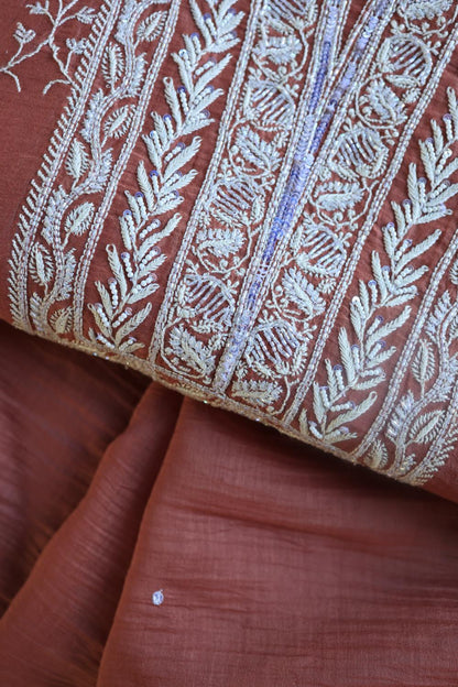 Rose Taupe Mal Chanderi Silk Chikankari With Sequins Unstitched Kurta Dupatta Set