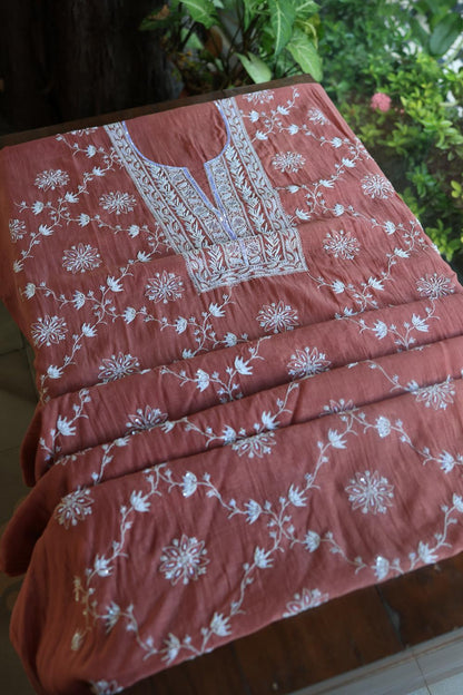 Rose Taupe Mal Chanderi Silk Chikankari With Sequins Unstitched Kurta Dupatta Set