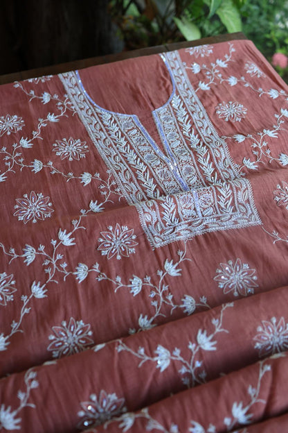 Rose Taupe Mal Chanderi Silk Chikankari With Sequins Unstitched Kurta Dupatta Set