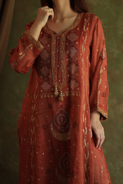 Rose Taupe Shade Tissue Silk Chikankari With Ari Work Kurta Dupatta Set