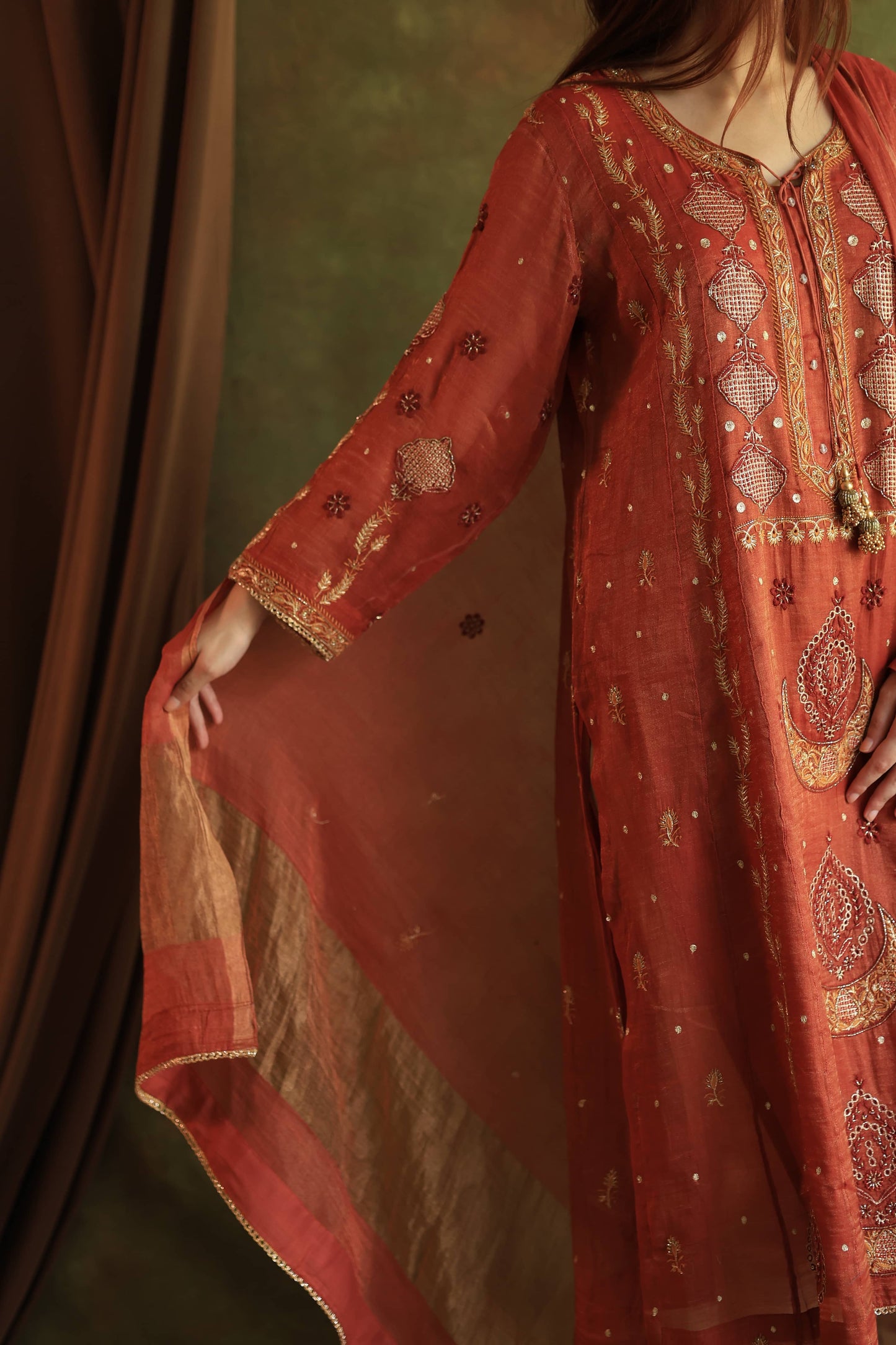 Rose Taupe Shade Tissue Silk Chikankari With Ari Work Kurta Dupatta Set