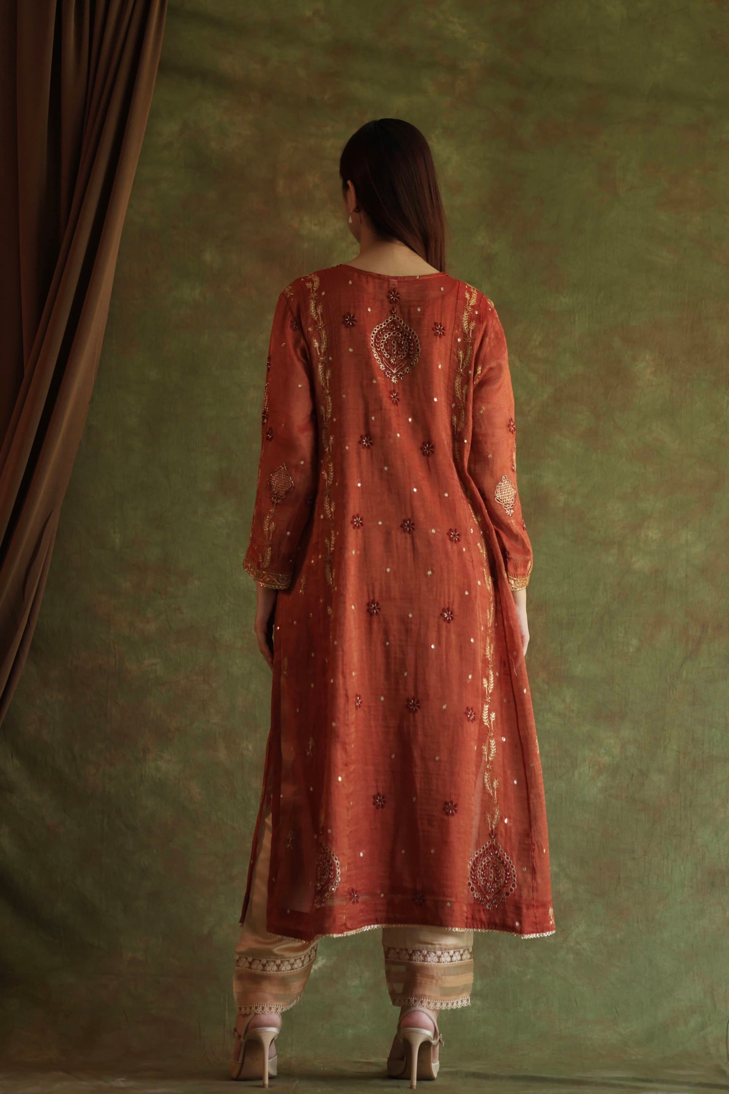 Rose Taupe Shade Tissue Silk Chikankari With Ari Work Kurta Dupatta Set