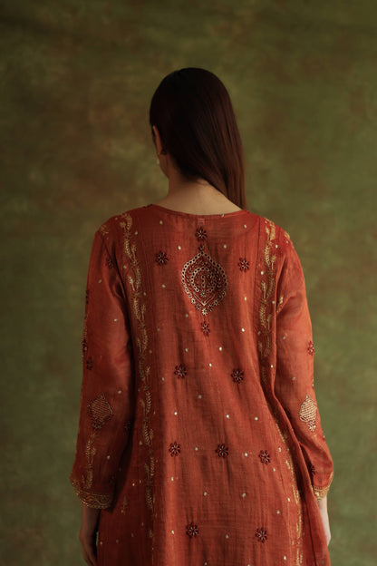 Rose Taupe Shade Tissue Silk Chikankari With Ari Work Kurta Dupatta Set