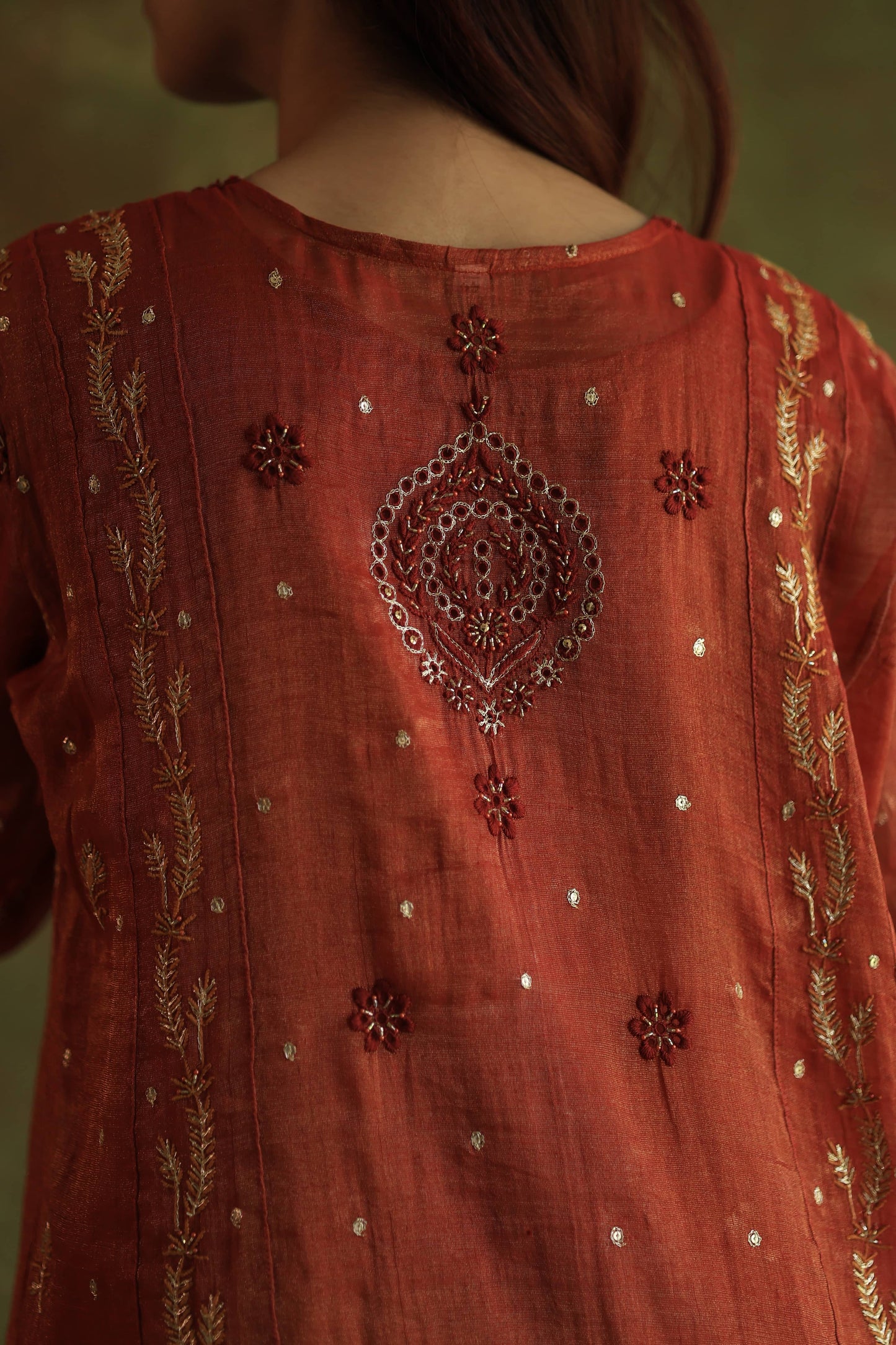 Rose Taupe Shade Tissue Silk Chikankari With Ari Work Kurta Dupatta Set