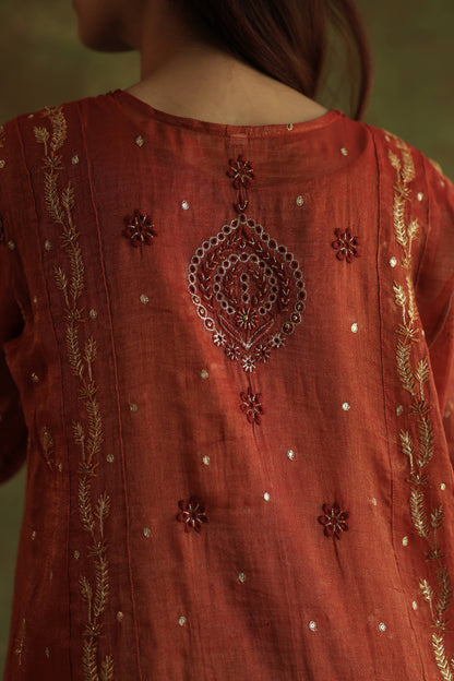 Rose Taupe Shade Tissue Silk Chikankari With Ari Work Kurta Dupatta Set