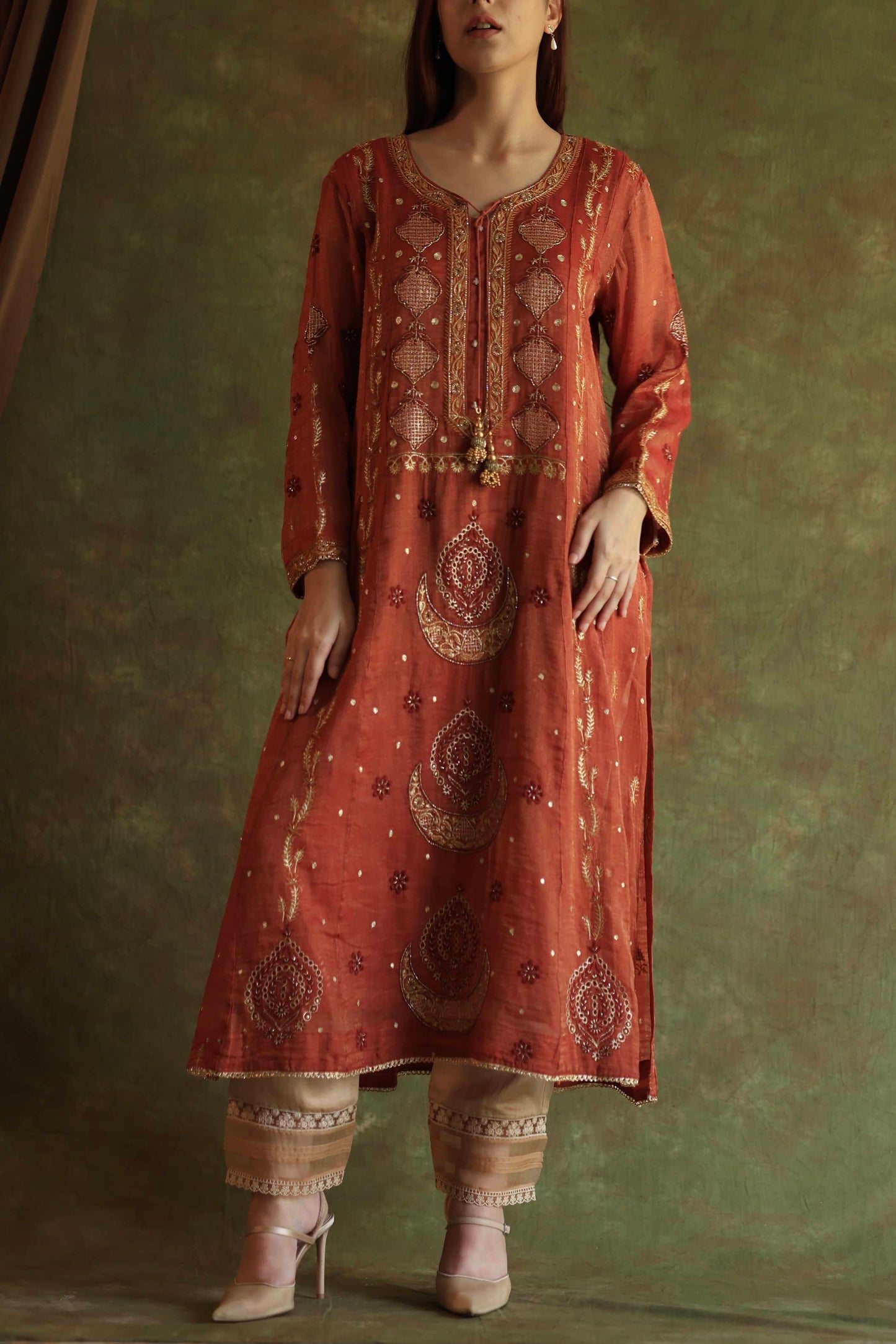 Rose Taupe Shade Tissue Silk Chikankari With Ari Work Kurta Dupatta Set