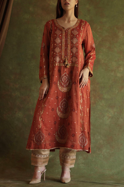 Rose Taupe Shade Tissue Silk Chikankari With Ari Work Kurta Dupatta Set