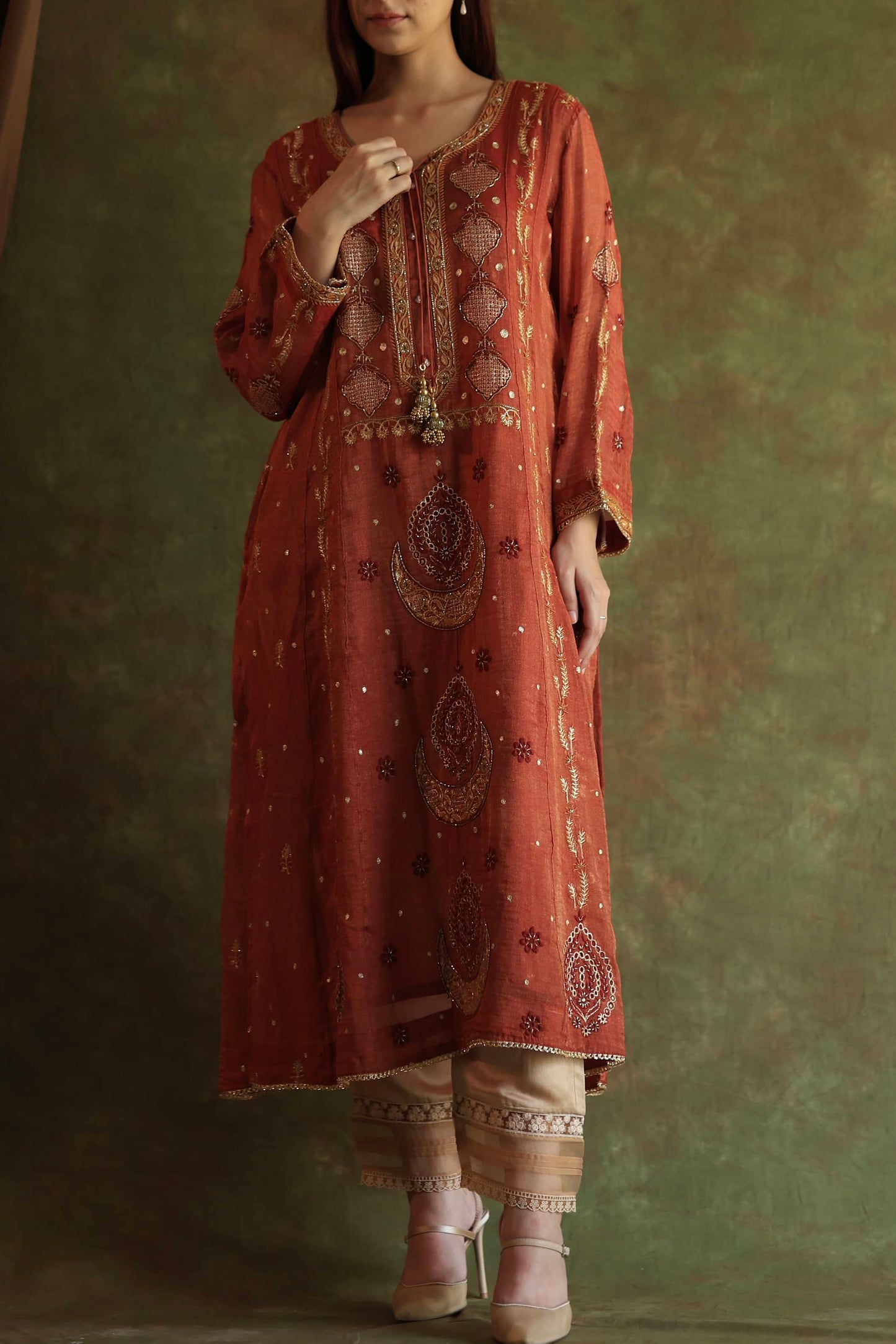 Rose Taupe Shade Tissue Silk Chikankari With Ari Work Kurta Dupatta Set