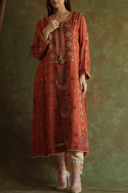 Rose Taupe Shade Tissue Silk Chikankari With Ari Work Kurta Dupatta Set