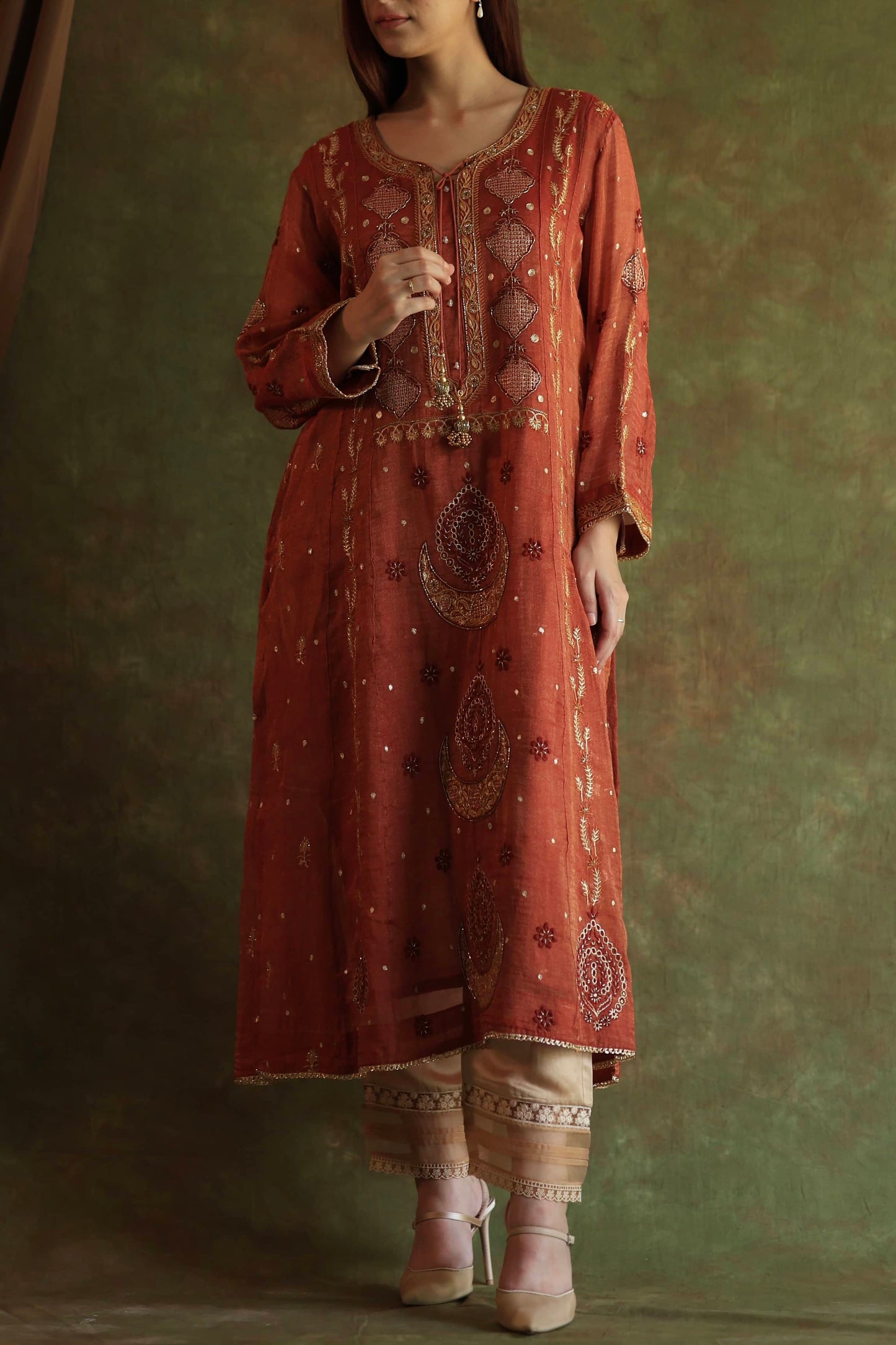 Rose Taupe Shade Tissue Silk Chikankari With Ari Work Kurta Dupatta Set