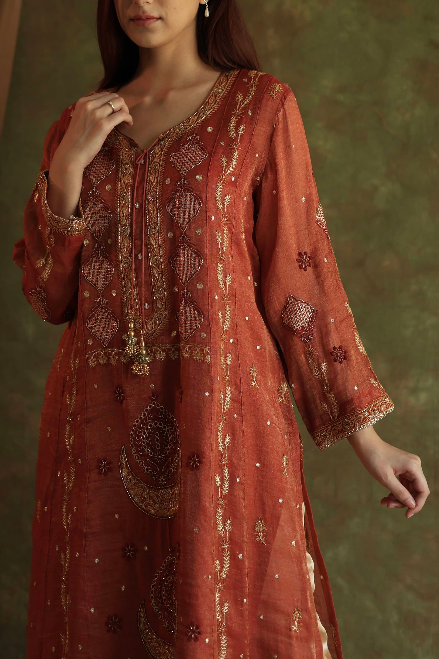 Rose Taupe Shade Tissue Silk Chikankari With Ari Work Kurta Dupatta Set