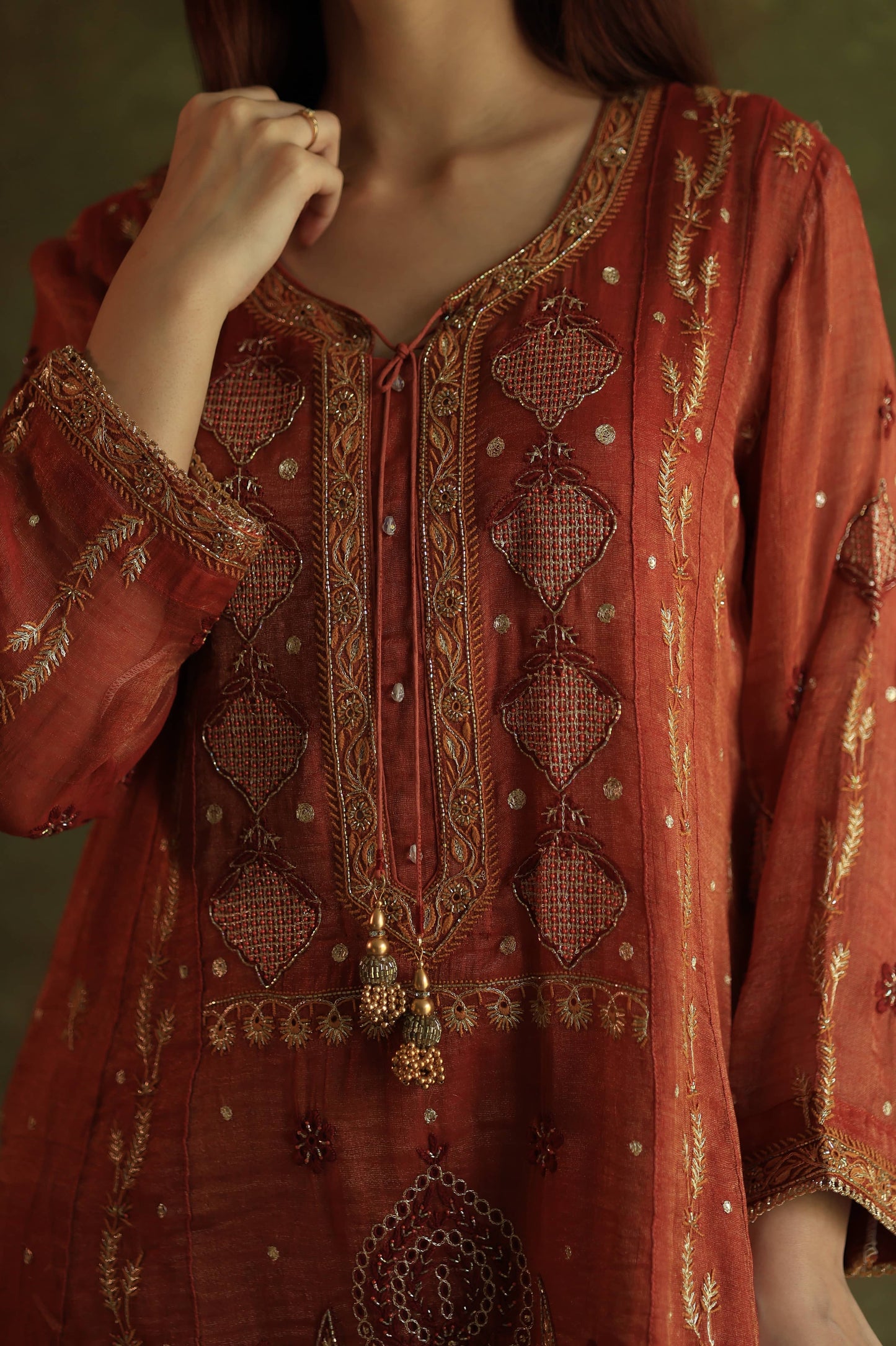 Rose Taupe Shade Tissue Silk Chikankari With Ari Work Kurta Dupatta Set